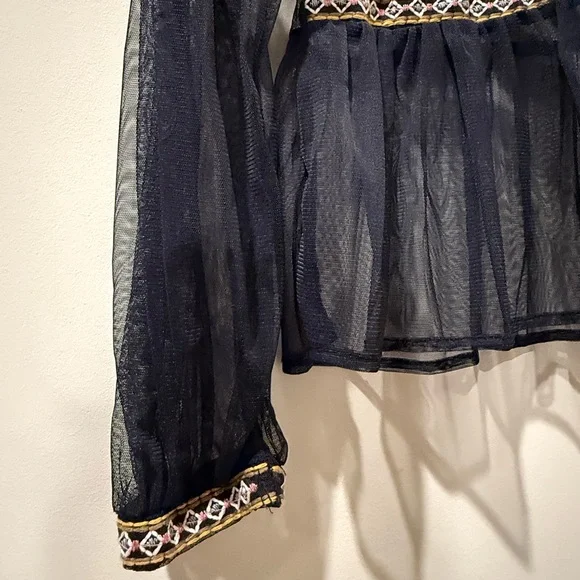 Zara Navy Sheer Blouse with Multicolor Embroidery Size L - Picture 2 of 7
